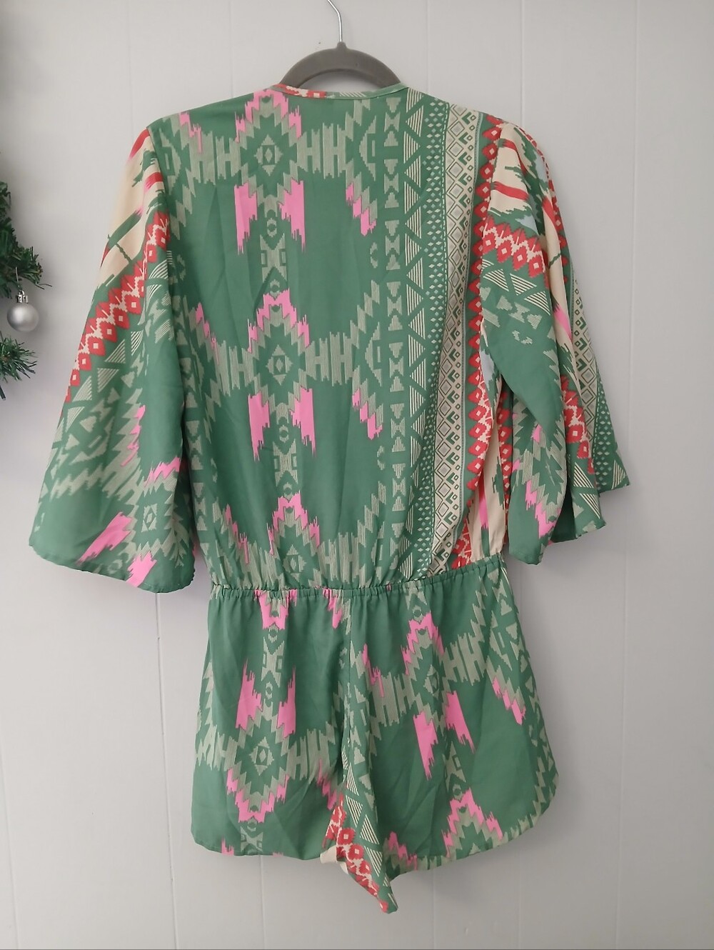 Elan Green Printed Wrap Romper with Pink & Coral Accents - Picture 3 of 4